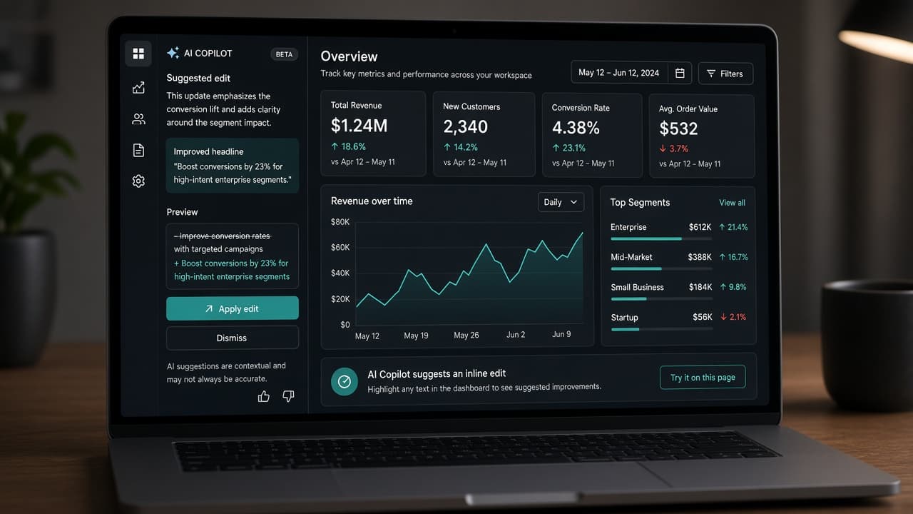 Split view of B2B SaaS UI comparing floating chat widget with ambient side-panel AI copilot