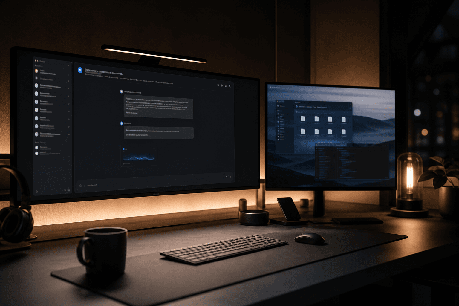 Product studio desk with dual monitors showing an AI teammate chat and a cloud virtual desktop
