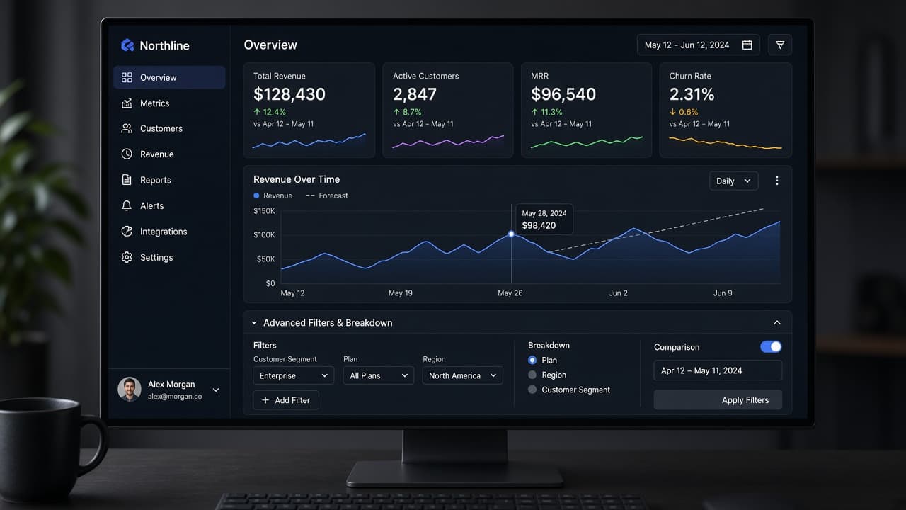 SaaS dashboard on a wide monitor with collapsed advanced panels and clear primary actions visible