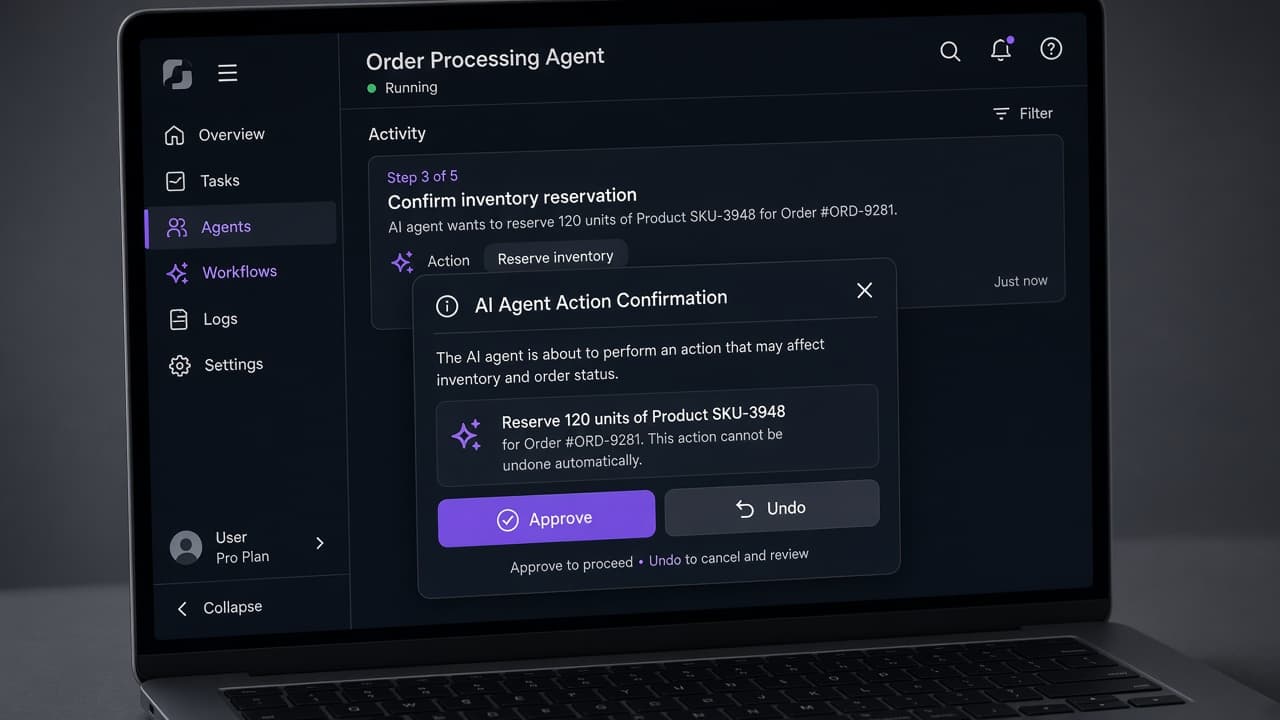 Laptop showing an AI agent confirmation dialog with Approve and Undo controls in a dark SaaS interface