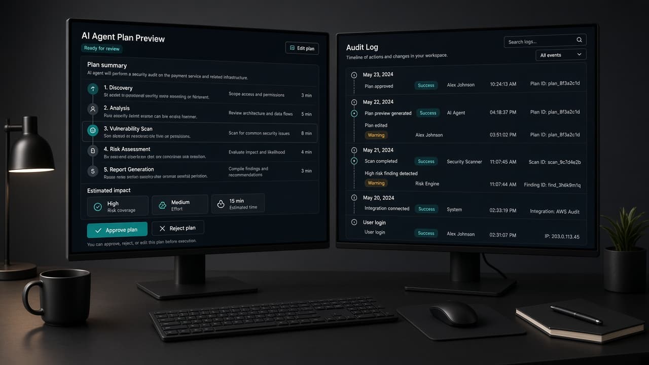 Product studio desk with dual monitors showing an AI agent plan preview with approval controls and an audit log