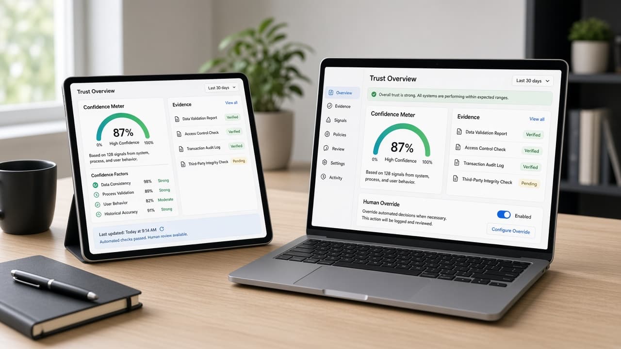 Laptop and tablet showing SaaS trust UI with confidence indicators, evidence panel, and human override controls