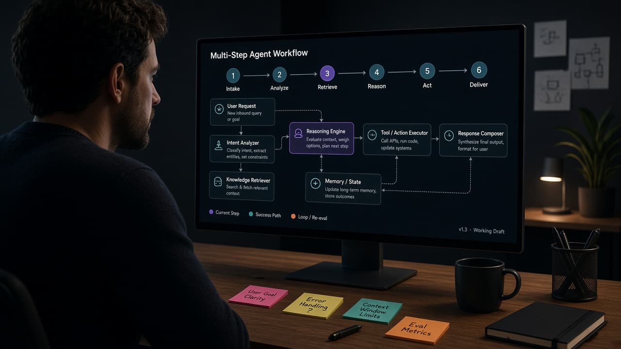 Designer reviewing a multi-step AI agent workflow diagram on a large monitor in a product studio