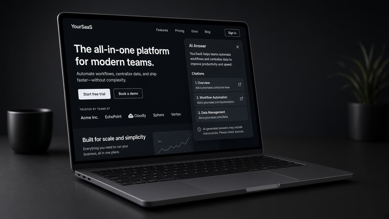 Laptop showing SaaS landing page with structured FAQ blocks and citation-friendly product facts