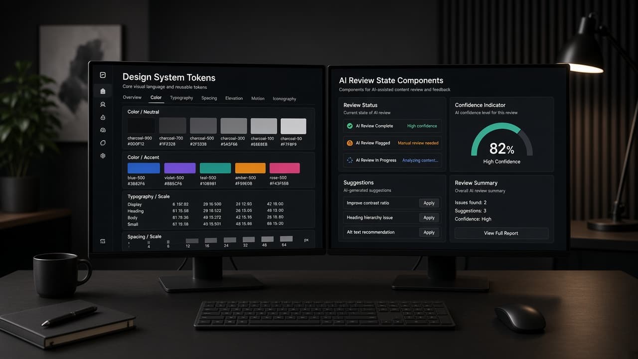 Product studio desk with Figma component library showing AI plan preview, approval, and receipt states
