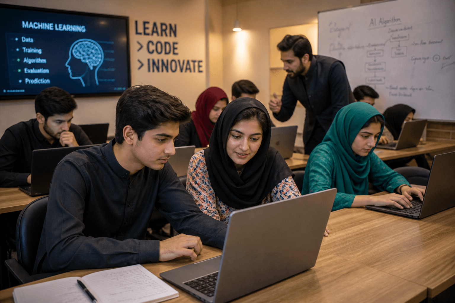 Pakistani youth in a digital skills training lab learning coding and technology