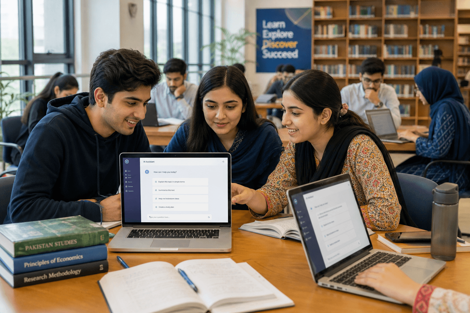 Pakistani university students using AI assistant tools on laptops in a campus setting