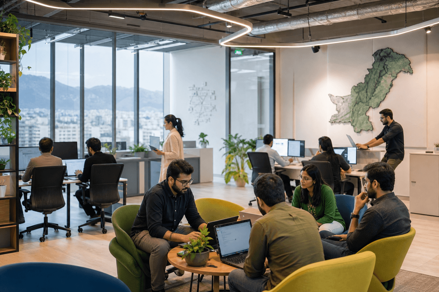 Modern Google office workspace in Islamabad with a Pakistan map installation, collaborative seating, and a mountain city view through floor-to-ceiling windows