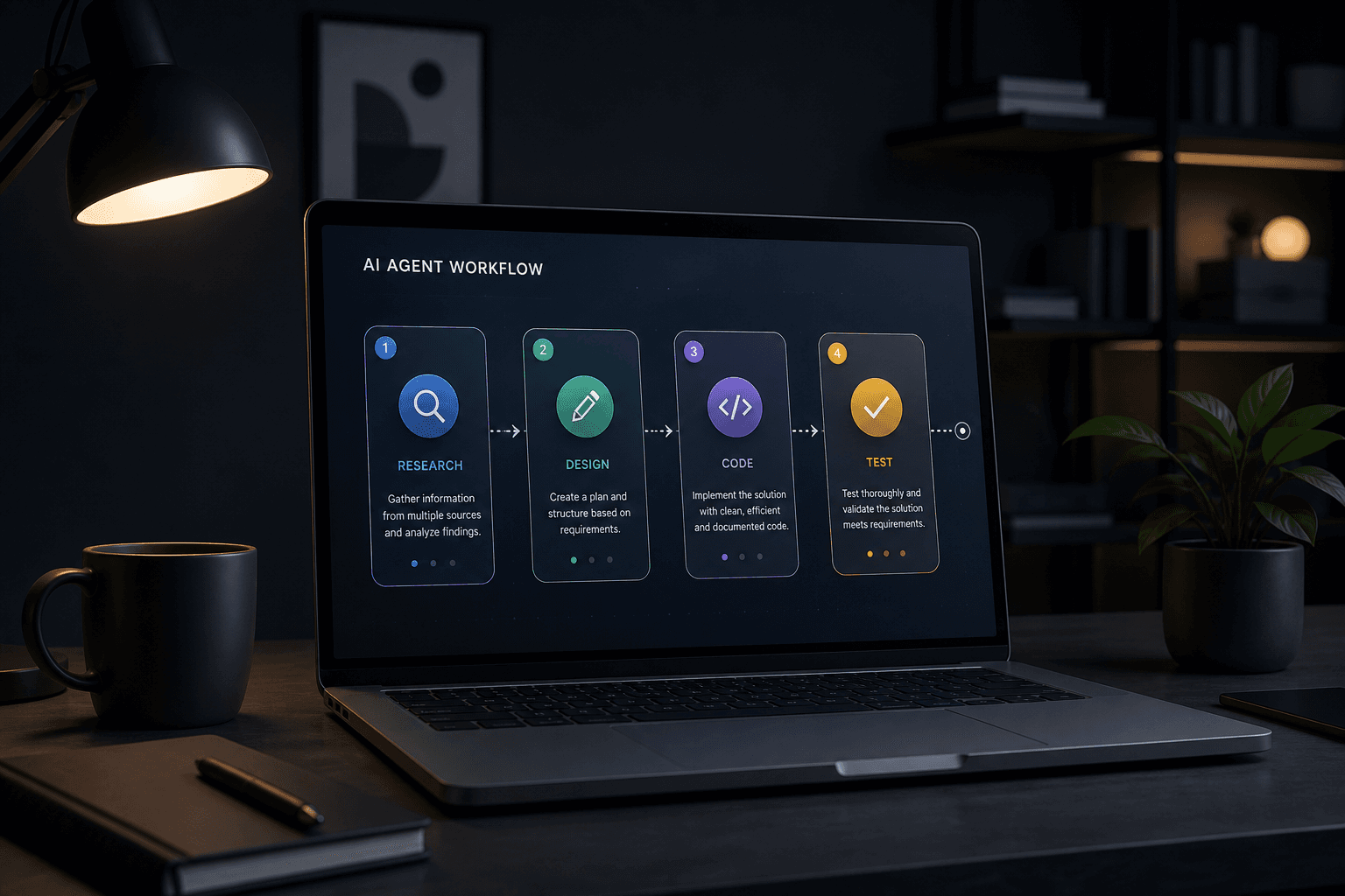 Multi-step AI agent workflow diagram on a developer monitor