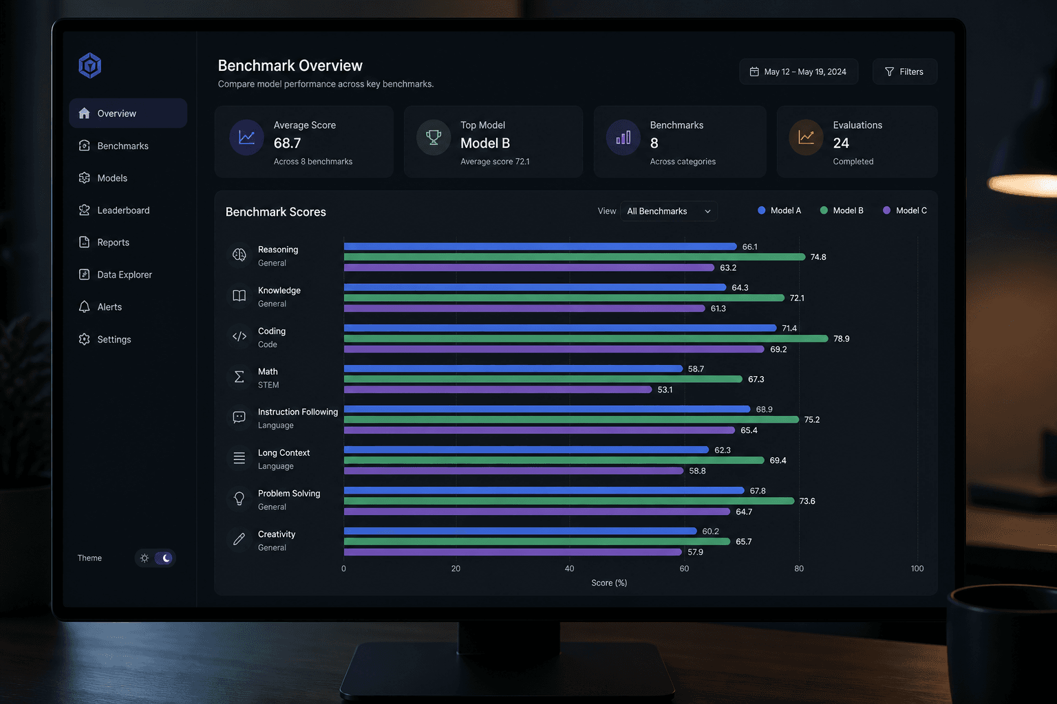 Dark analytics dashboard showing AI model benchmark bar charts