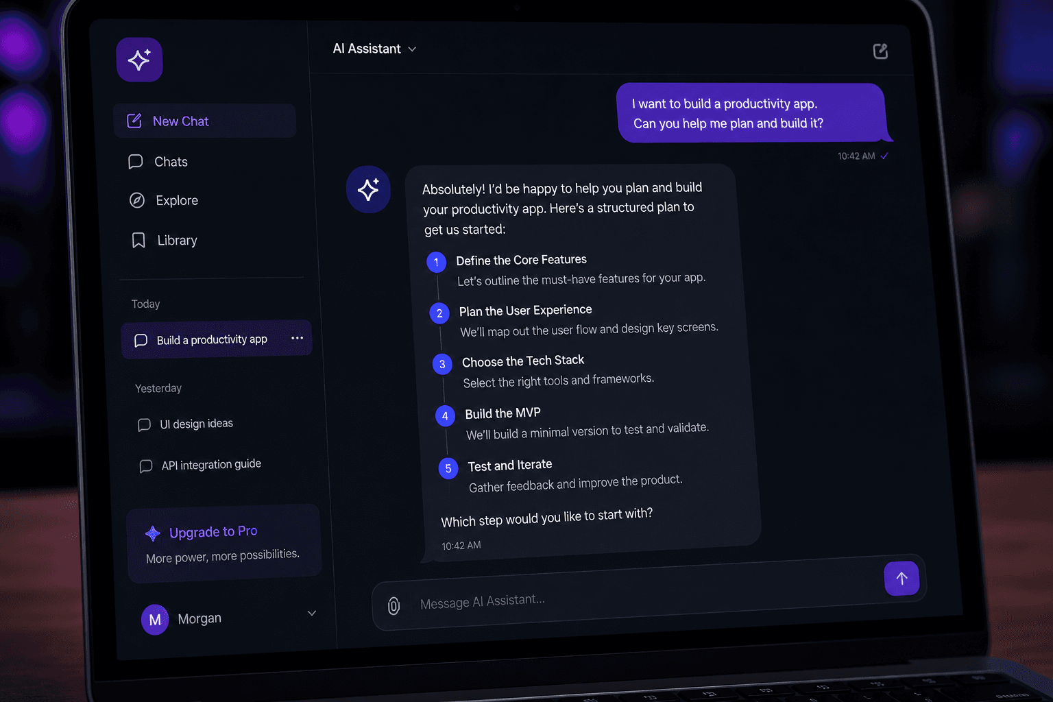 Dark-mode AI chat interface on a laptop showing a coding assistant conversation