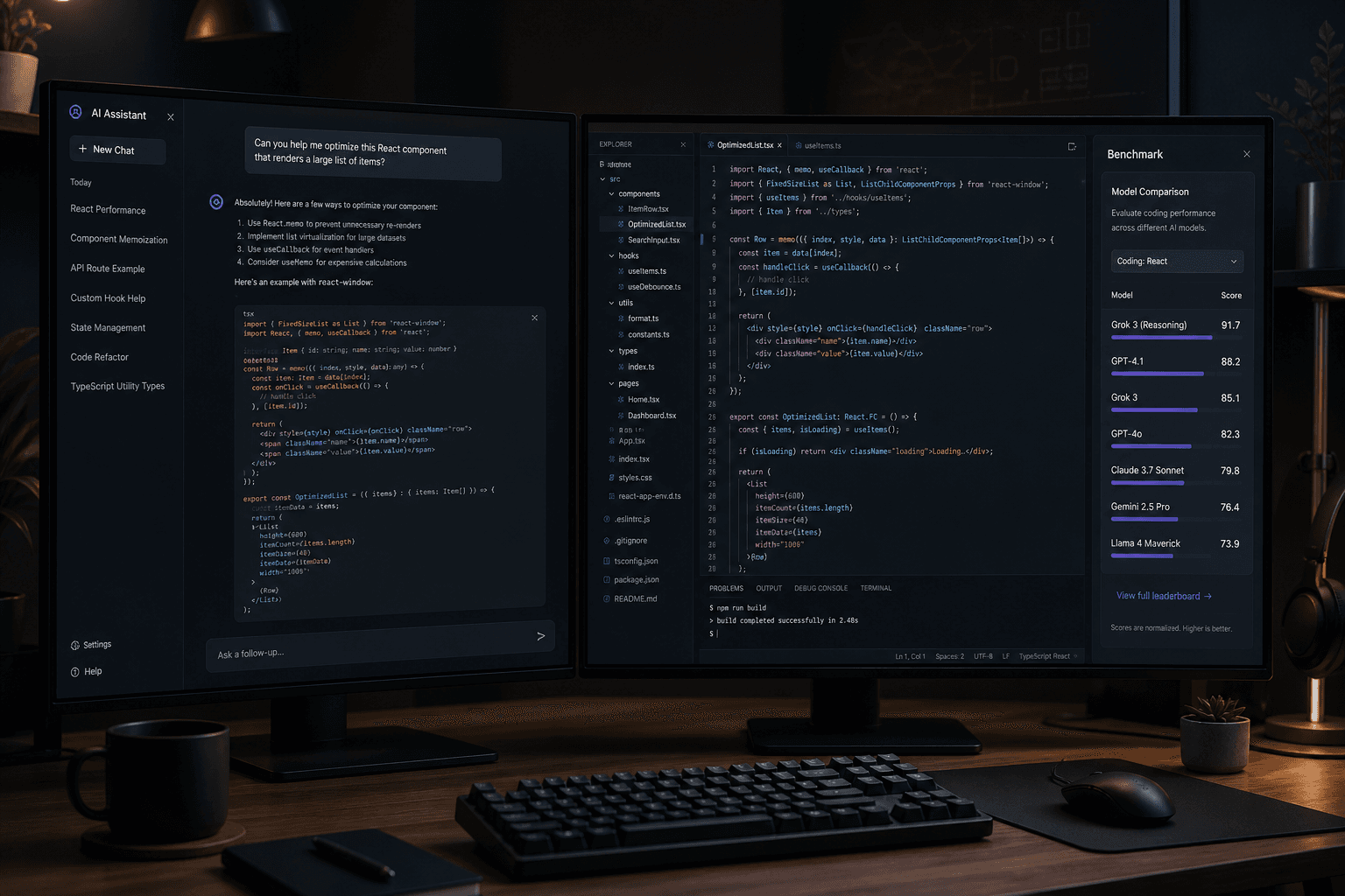 Developer workspace with dual monitors running Grok AI coding assistant and a code editor
