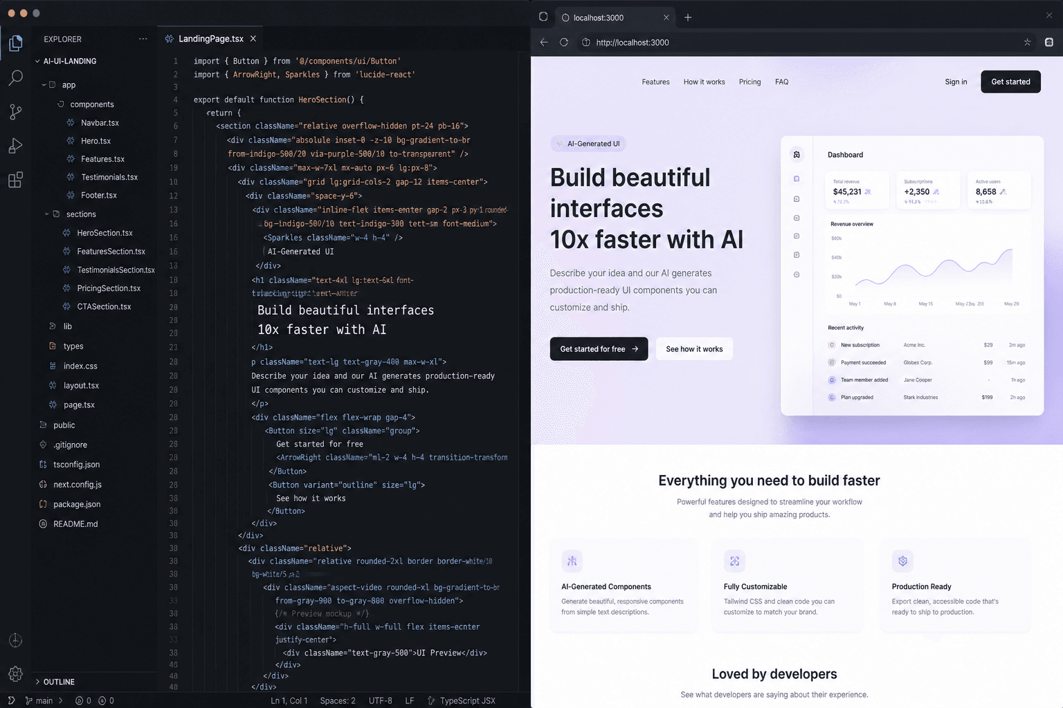 Split-screen developer setup with code editor and AI-generated app preview