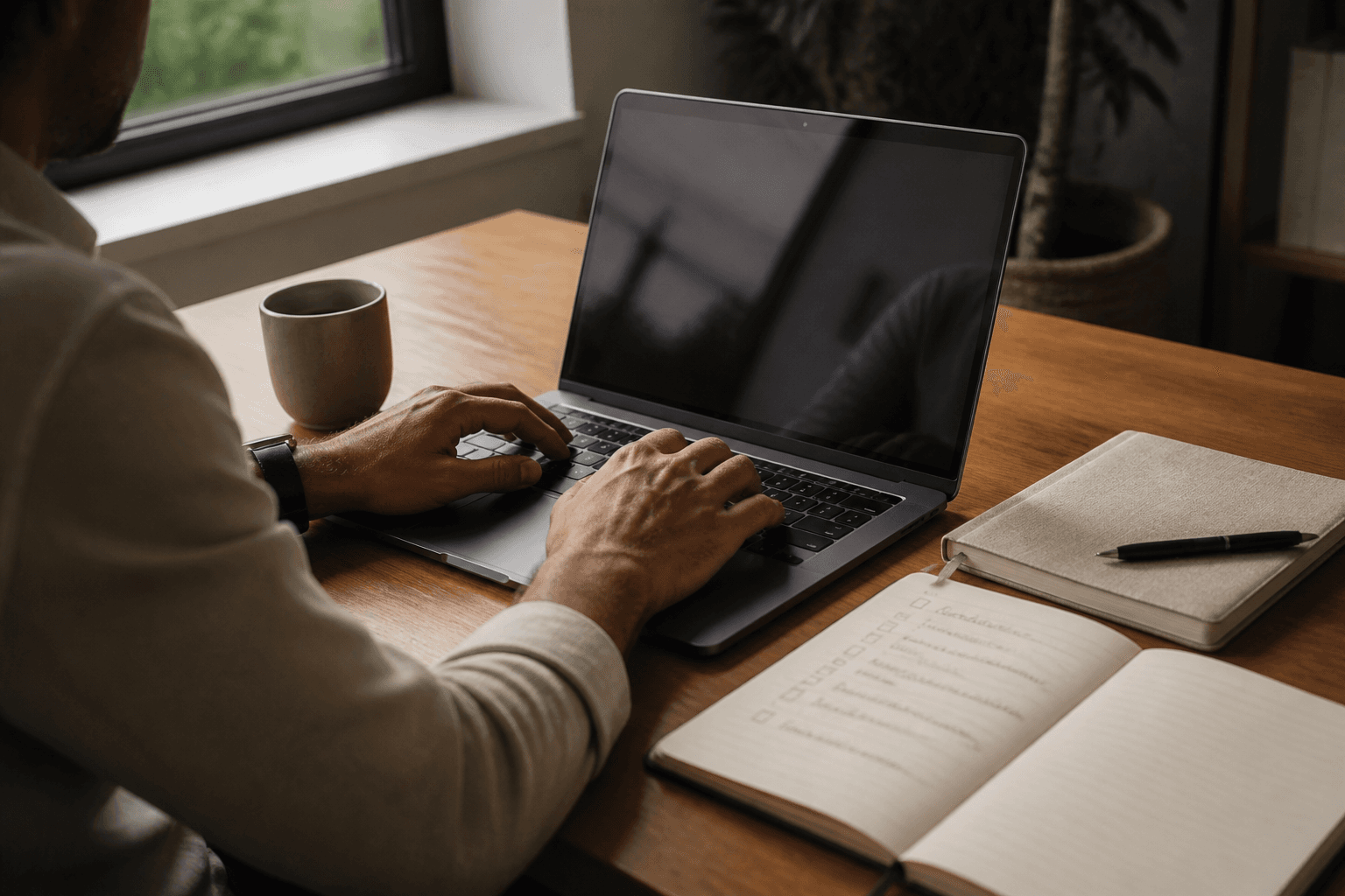 Founder writing a detailed task brief at a laptop
