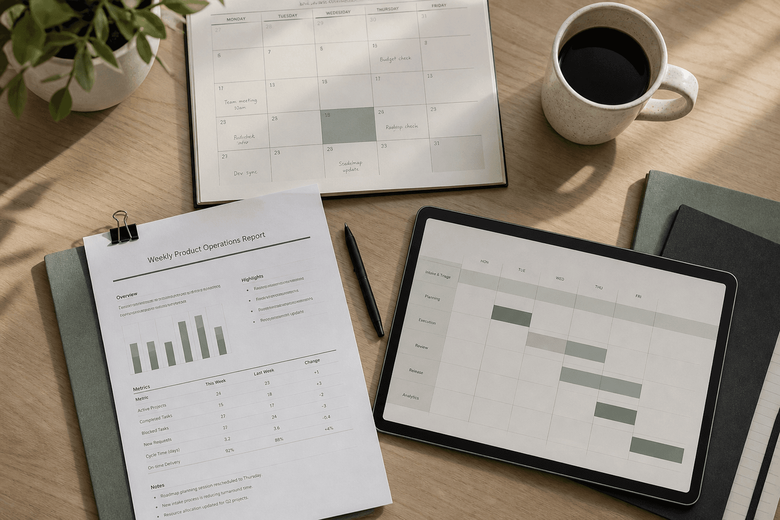 Weekly operations desk with calendar, reports, and a scheduled workflow