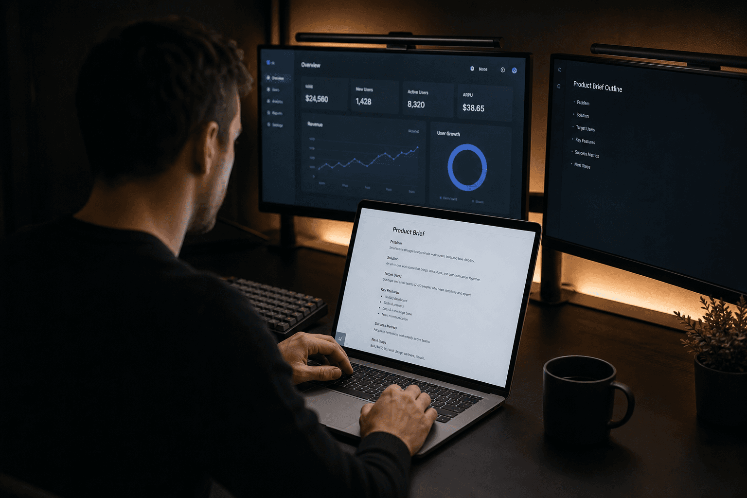Founder writing a one-page product brief on a laptop in a dark studio