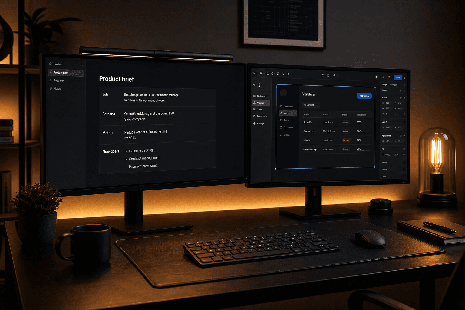 Dark product-studio desk with a one-page product brief on one monitor and a SaaS UI in Figma on the other