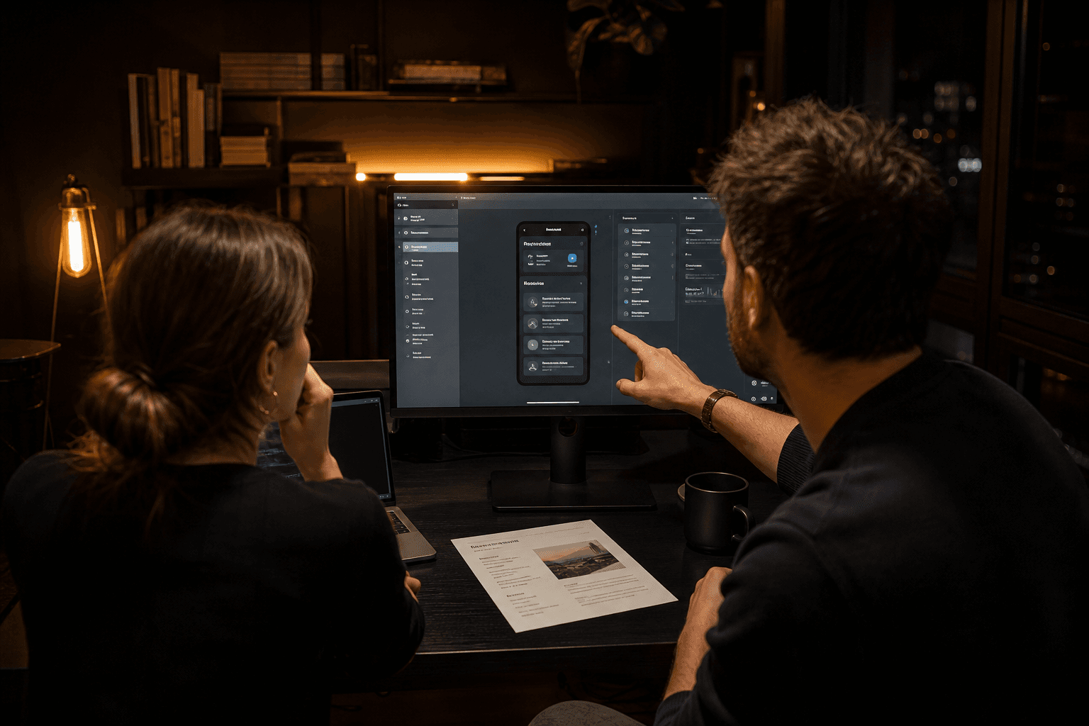 Two teammates reviewing a SaaS prototype with a printed product brief on the desk