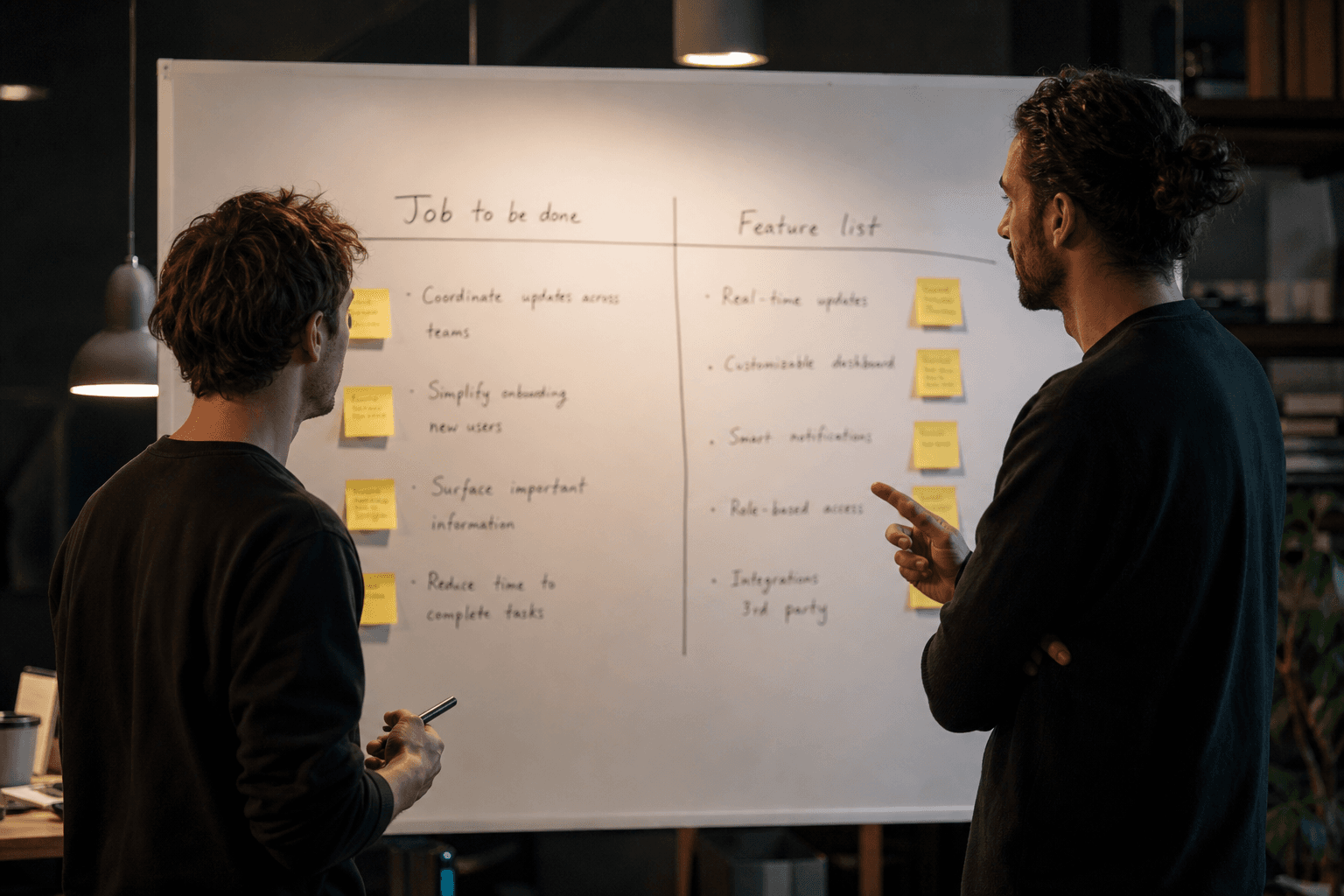 Founder and designer comparing a job-to-be-done list with a feature list on a whiteboard