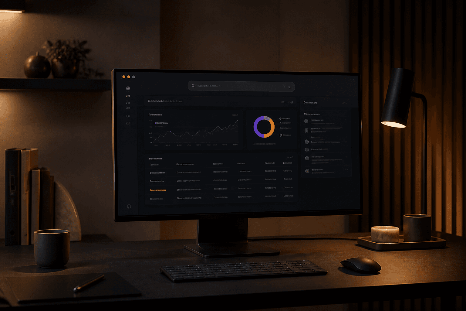 Calm product studio desk with a SaaS dashboard and command bar instead of a chatbot