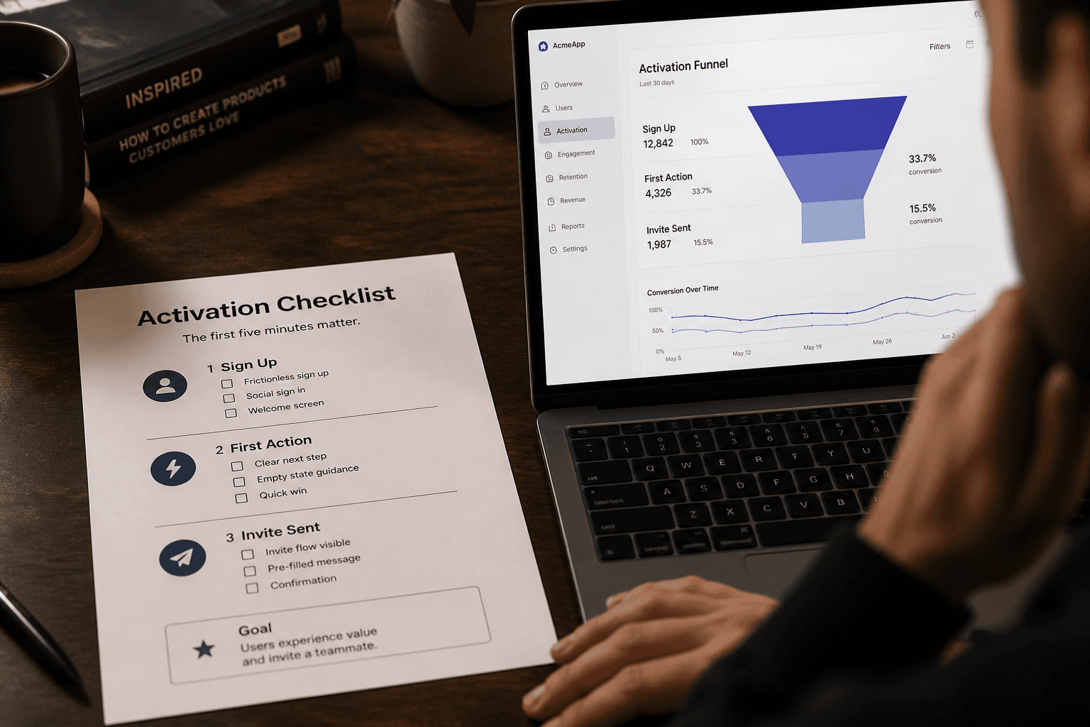 Activation checklist on a desk beside a laptop showing signup-to-value funnel metrics