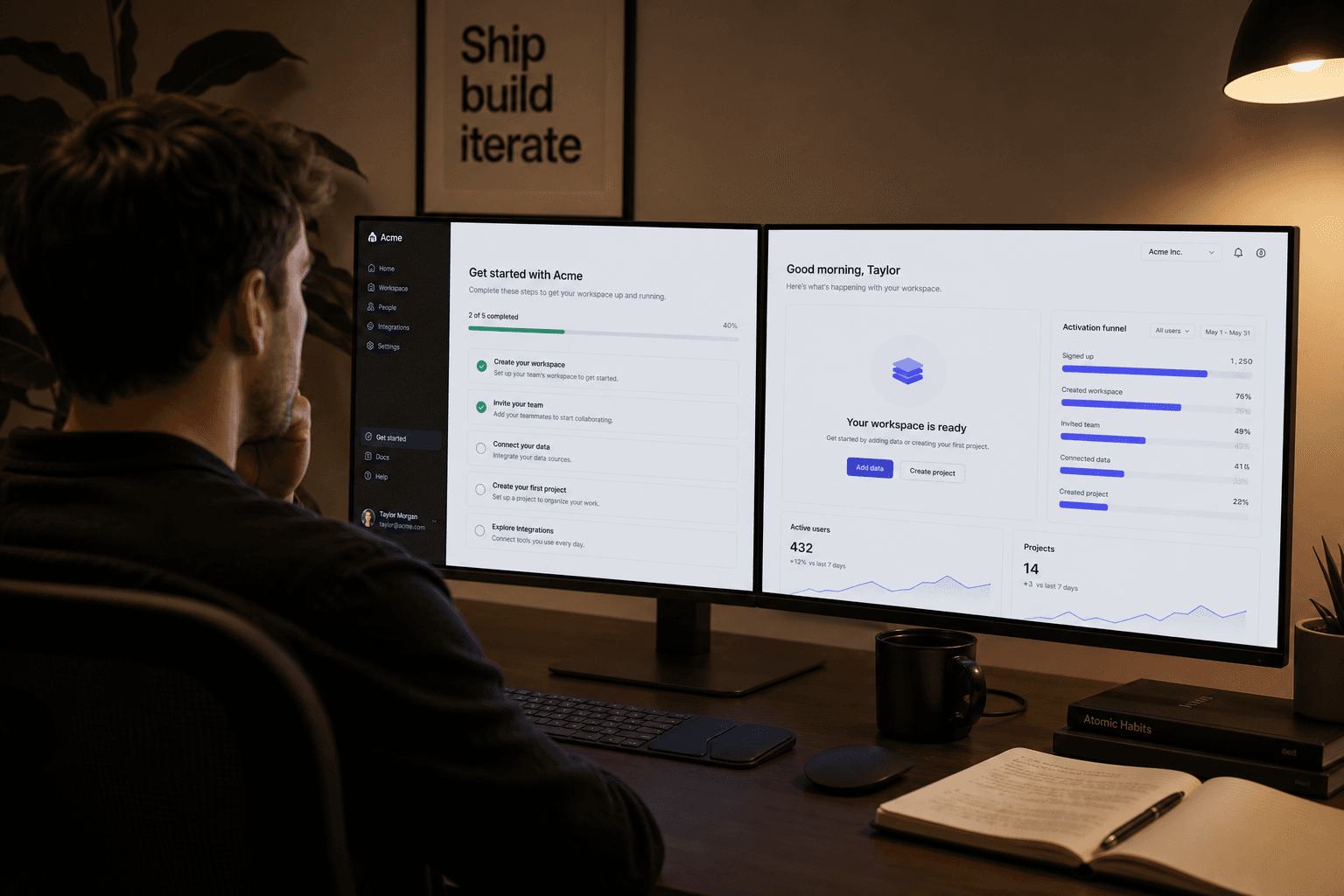 Dark product studio desk with dual monitors showing a B2B SaaS onboarding dashboard and activation funnel metrics