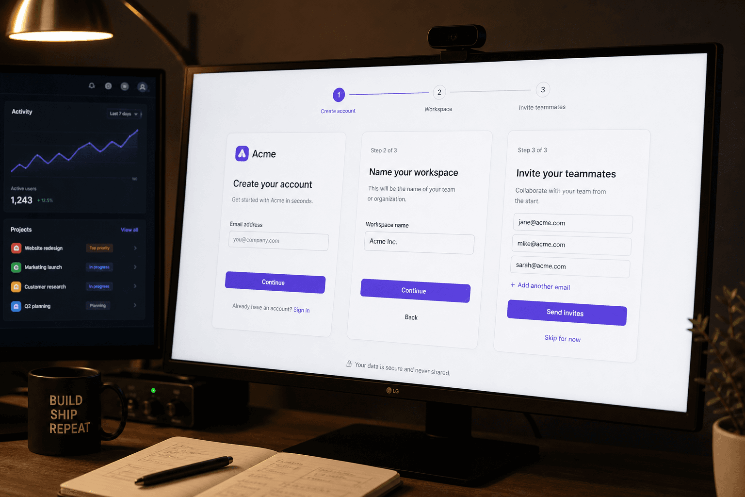 SaaS signup and onboarding screens on a monitor showing workspace setup and skippable invite step